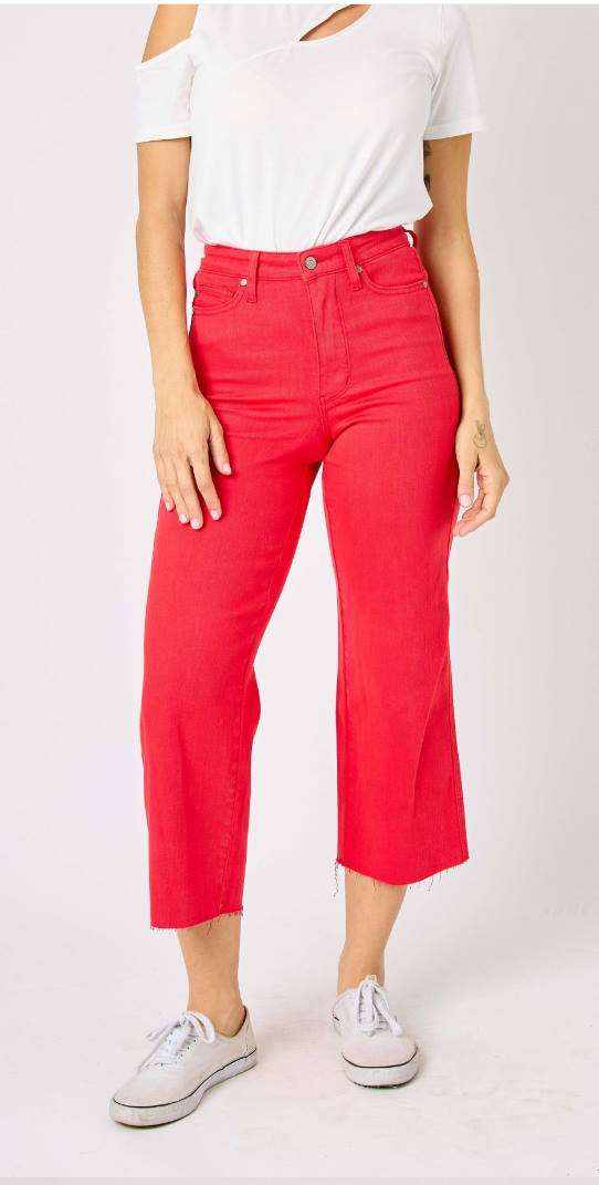 Judy Blue High Waist Red Tummy Control Wide Cropped Capri