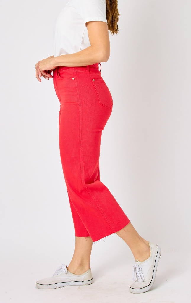 Judy Blue High Waist Red Tummy Control Wide Cropped Capri