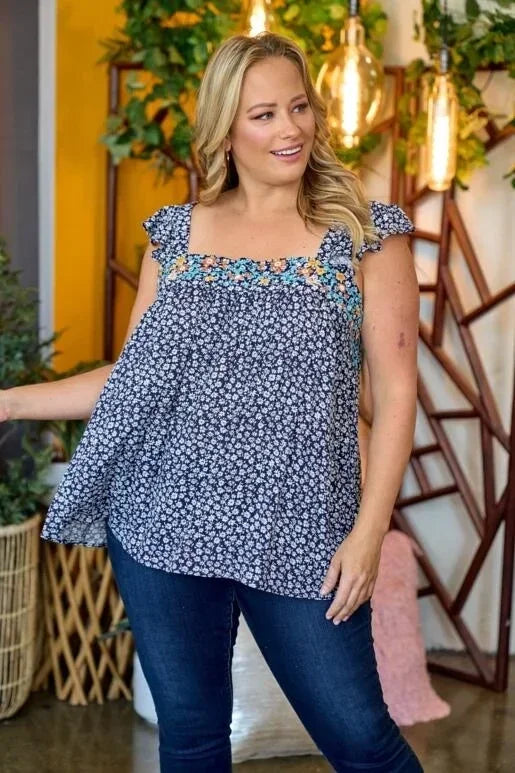 Blue Embroidered Floral Top