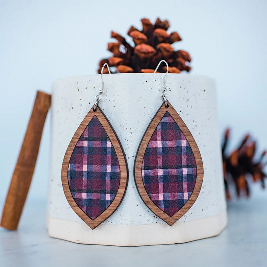 Navy & Burgundy Plaid Teardrop Earrings