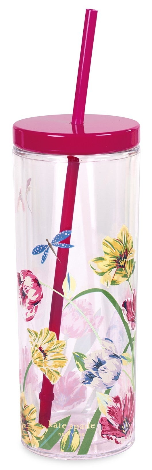 Kate Spade Acrylic Tumbler with Straw - Dragonflies and Tulips