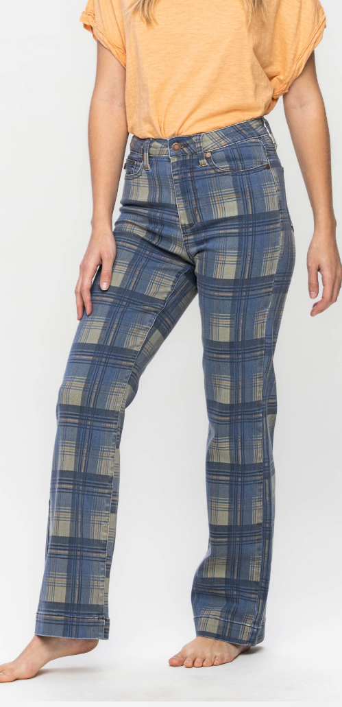 Judy Blue High Waist Vintage Plaid Straight Denim