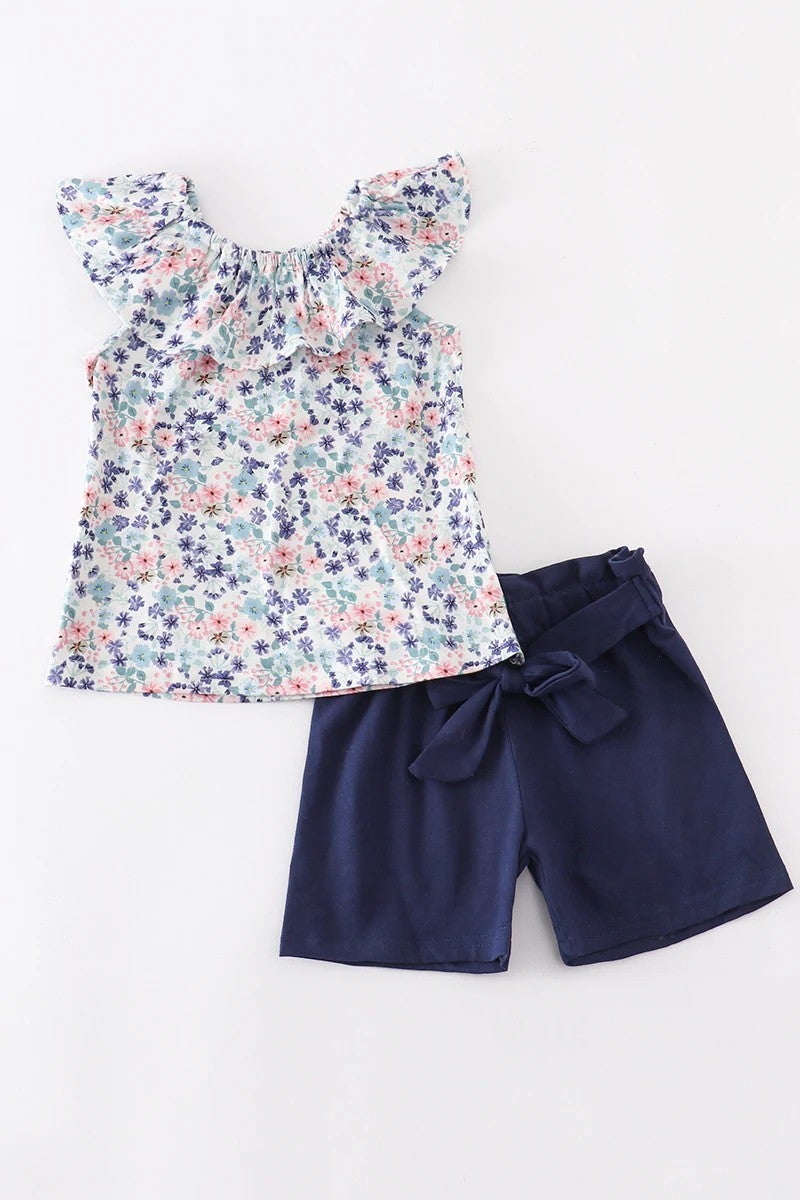 Girls 2 Piece Navy Floral and Shorts Set