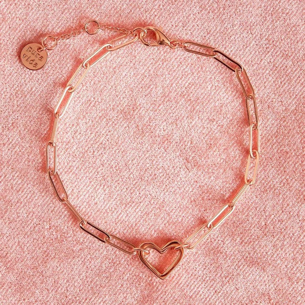 Pura Vida Open Heart Paperclip Chain Bracelet Rose Gold