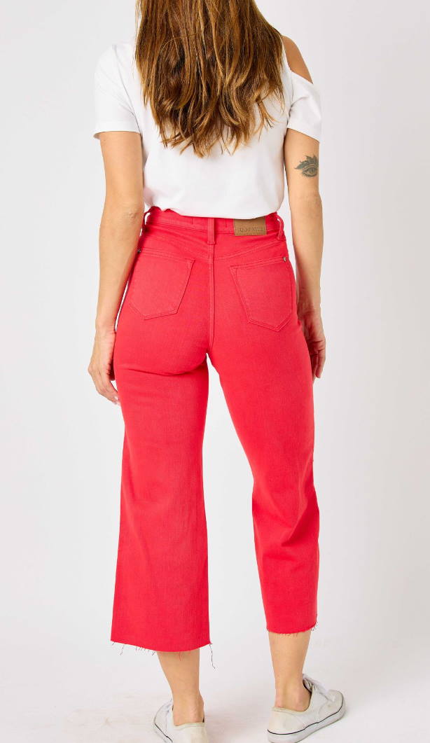 Judy Blue High Waist Red Tummy Control Wide Cropped Capri