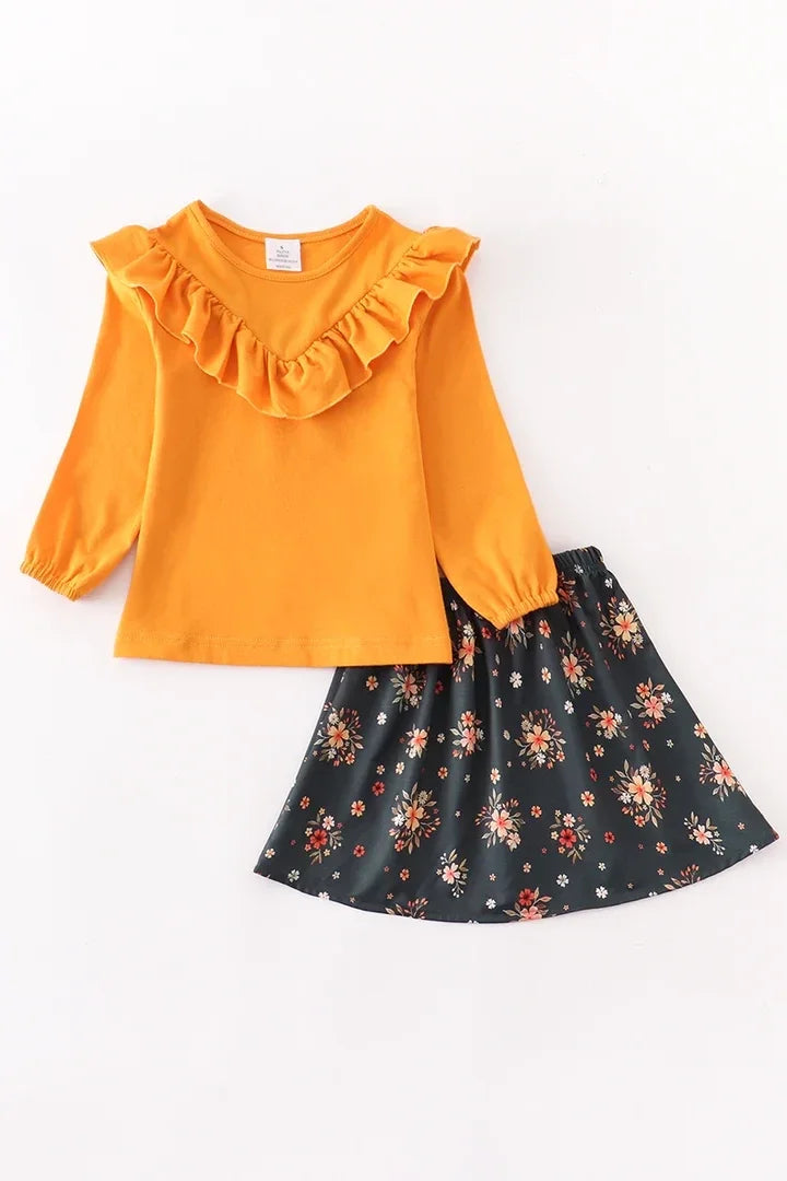 Mustard Floral Ruffle Skirt 2 Piece Set