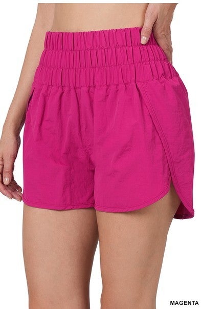 Magenta Smocked Windbreaker Shorts