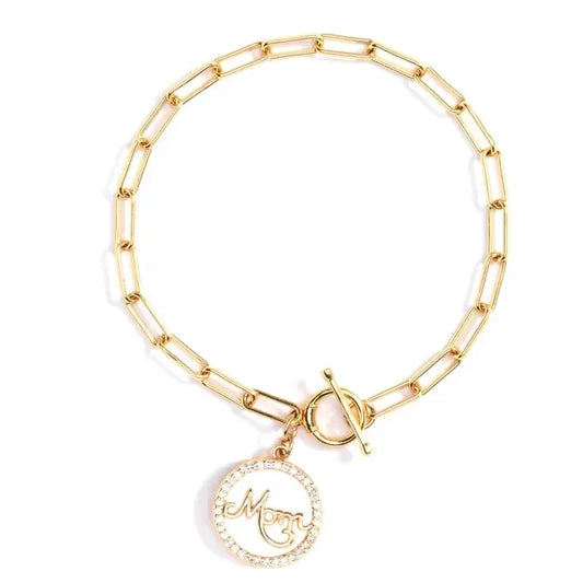 Mom Pave Shell Pendant Toggle Bracelet